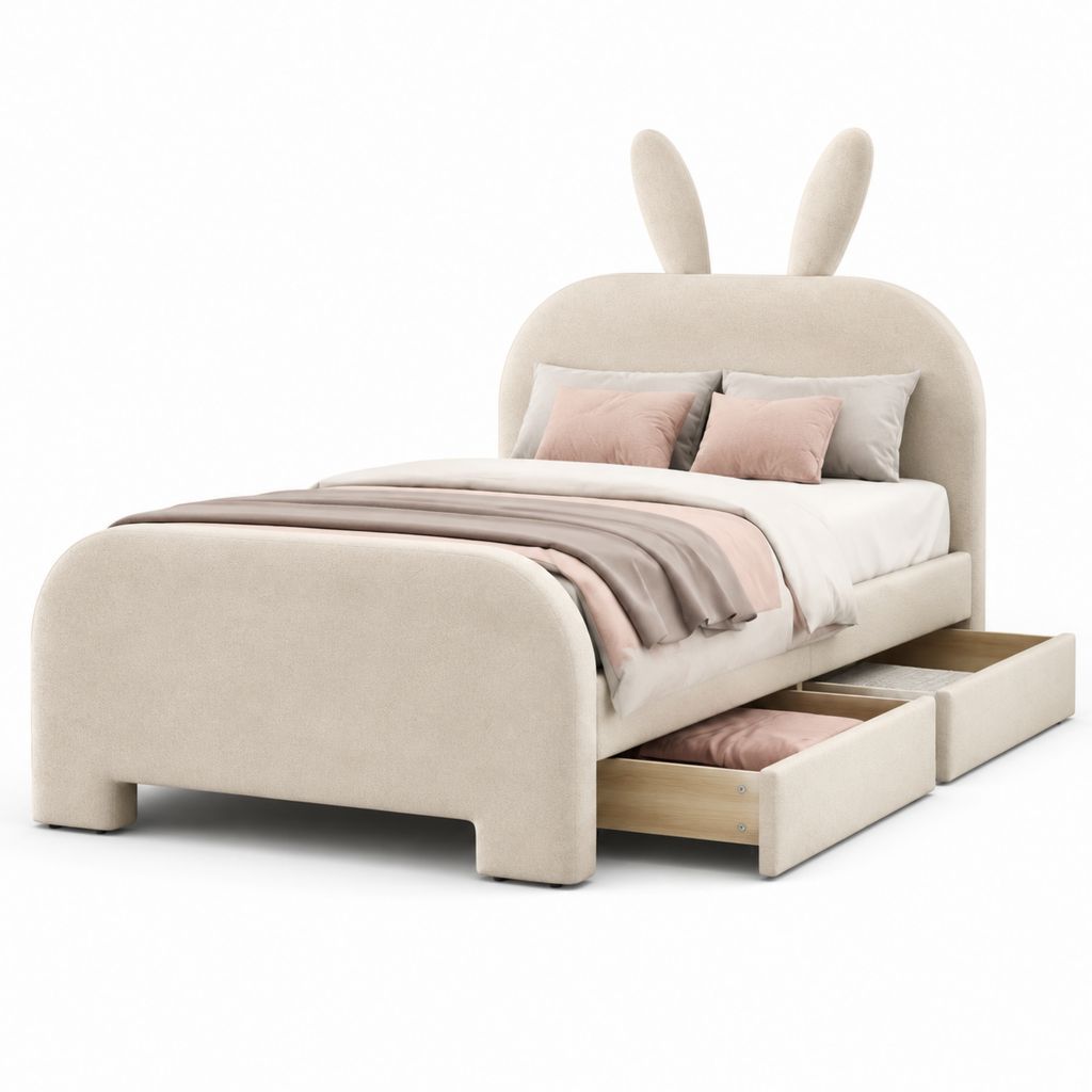 Einzelbett für Kinder 90 × 200 cm gepolstert beige Polyester mit Hasenkopf und 2 Schubladen