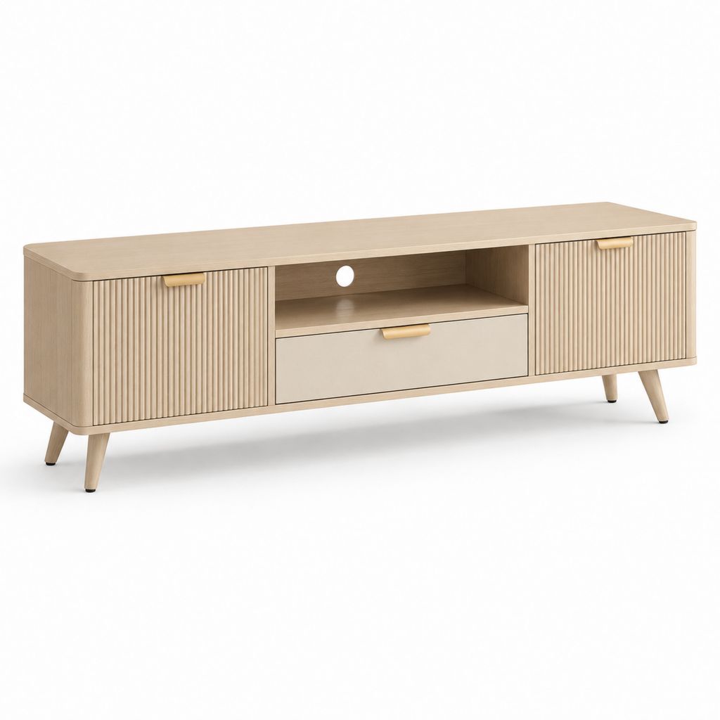TV-Lowboard mit 2 Rillen, Schublade und offenem Fach, helle Eiche/beige/gold, 160 × 40 × 60 cm