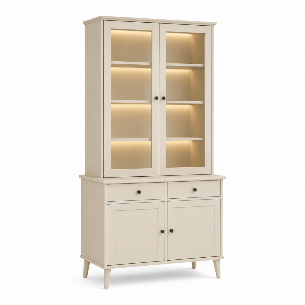 Beige MDF Schaufenster mit 4 Türen, 2 Schubladen, Glas und LED-Beleuchtung, 95 × 40 × 190 cm