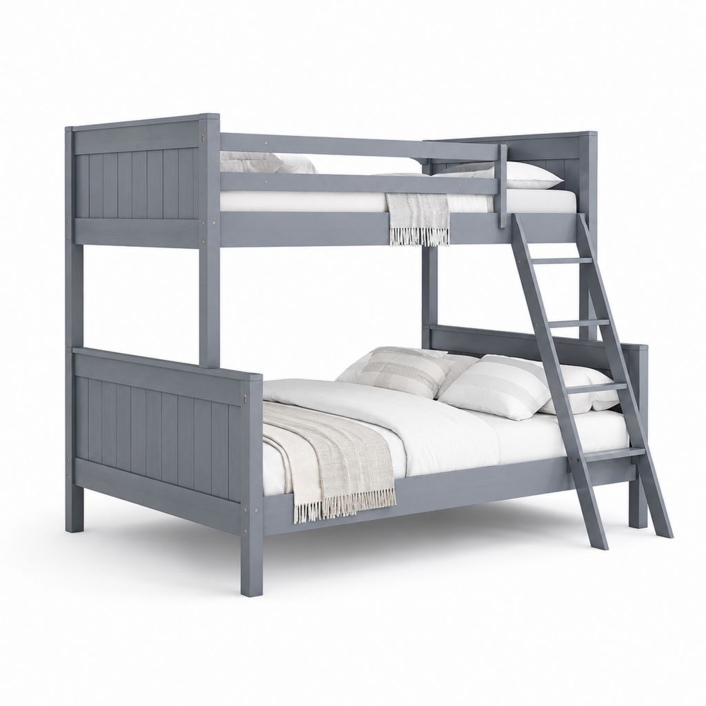 Etagenbett für Kinder aus grauem Holz, 208 × 148 × 170 cm, Bett über 90 × 200 cm und unter 140 × 200 cm, mit Treppe und Ufer