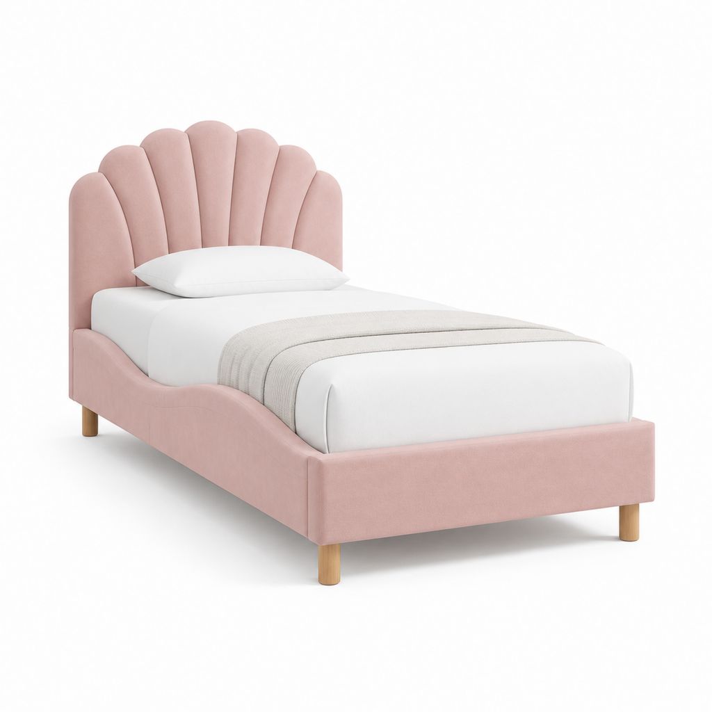Gepolstertes Einzelbett 90 × 200 cm aus rosa Samt mit Muschelkopf und Lattennetz