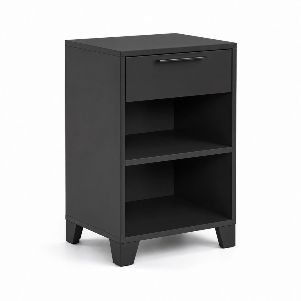 Nachttisch schwarz rechteckig aus MDF mit 1 Schublade und 2 offenen Räumen, 40 × 35 × 65 cm