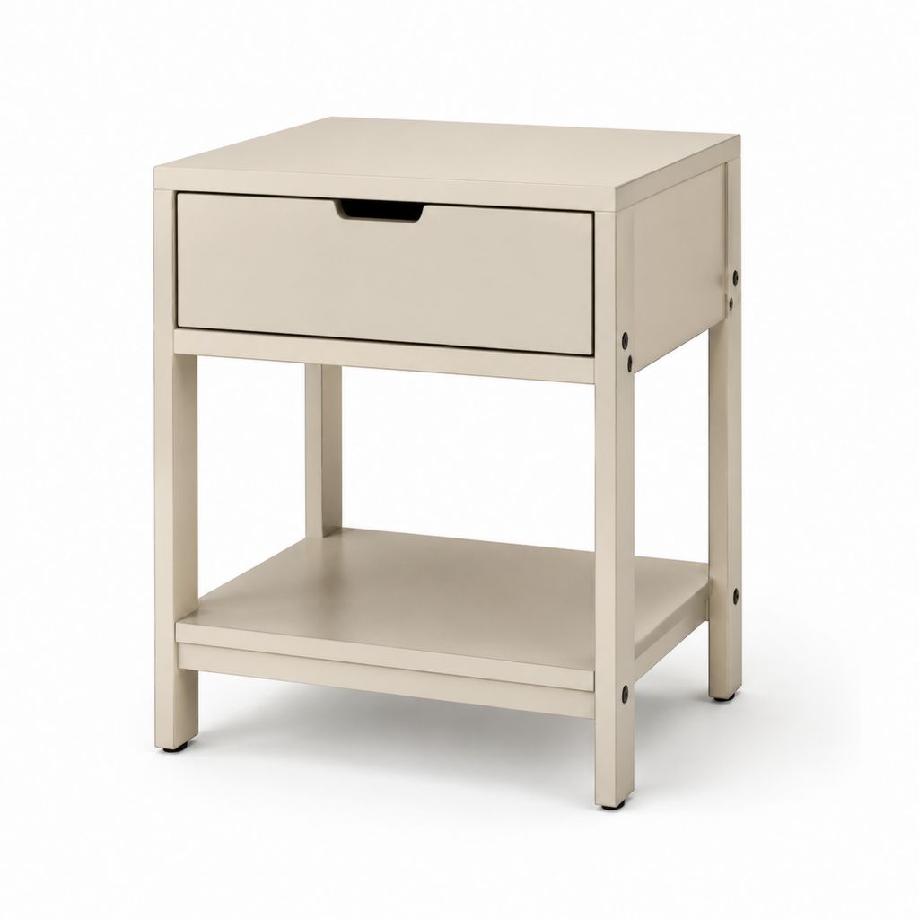 Rechteckiger Nachttisch aus beigem Stahl mit Schublade und Regal, 40 × 35 × 60 cm