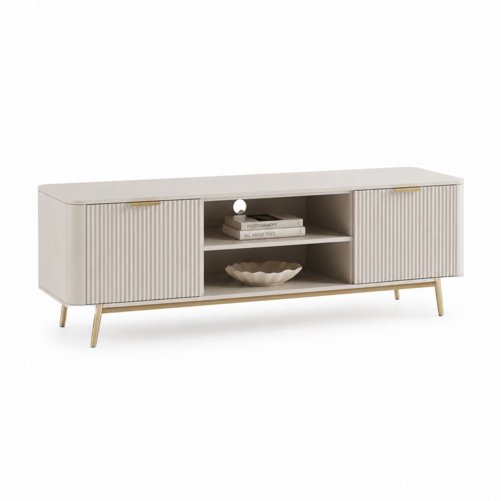 TV-Lowboard aus MDF und Stahl mit 2 Schiebetüren, Turteltaube und Gold, 160 × 40 × 60 cm