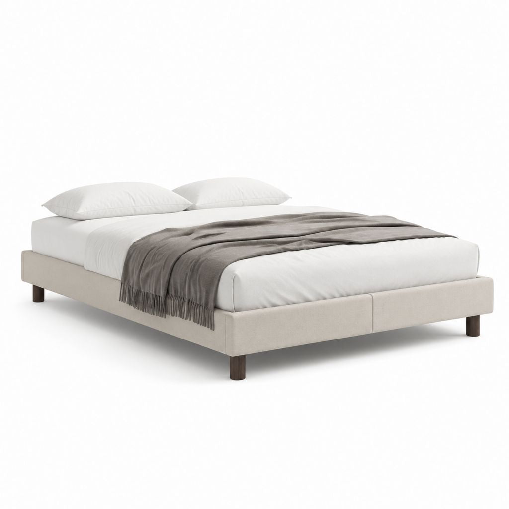 Gepolstertes rechteckiges Doppelbett aus Polyester beige für Matratze 160 × 200 cm, Abmessungen 170 × 210 × 35 cm
