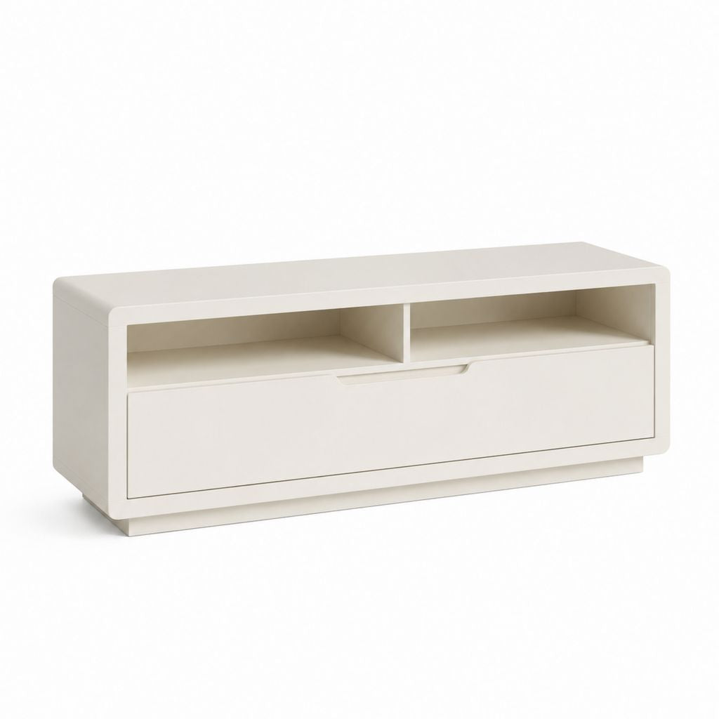 Mobile TV-Port niedrig in MDF weiße Creme mit 2 offenen Räumen und 1 Schublade, 120 × 40 × 50 cm