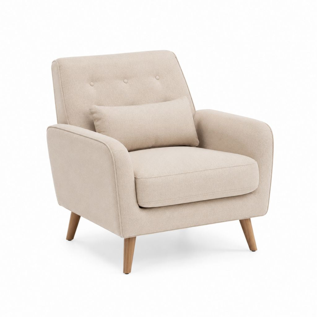 Beige Polstersessel aus Stoff mit Armlehnen, Lendenkissen und Beine aus Holz, 82 × 82 × 86 cm