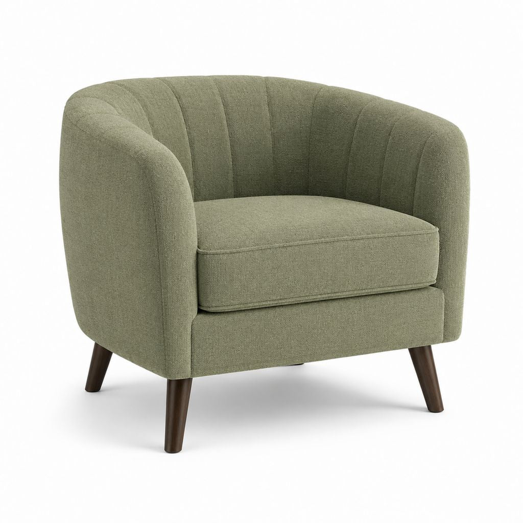 Gepolsterter Sessel aus grünem Polyester-Boucle Salbei mit Beinen aus Massivholz, 82 × 78 × 79 cm