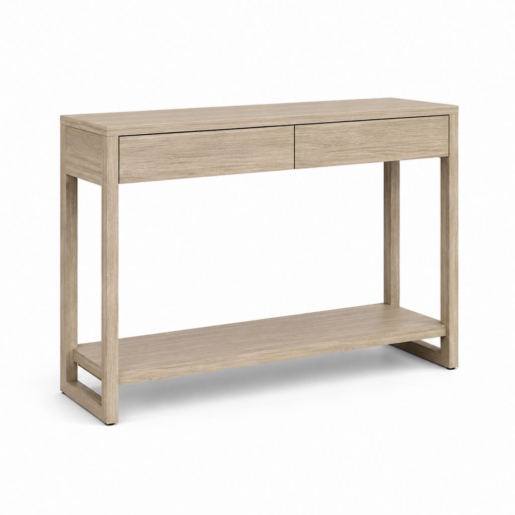 Rechteckige Konsolen aus MDF heller Eiche Effekt mit 2 Schubladen und Regal, 120 × 35 × 80 cm