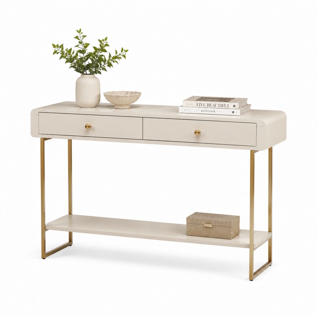 Rechteckige Konsolen aus MDF und beige Stahl und Gold mit 2 Schubladen und Regal, 120 × 35 × 80 cm