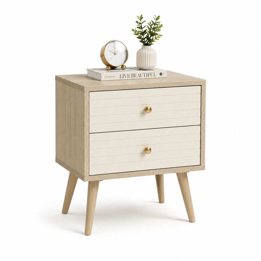 Rechteckiger Nachttisch mit 2 Schubladen aus MDF und Holz Beine, helle Eiche, Creme und Gold, 50 × 40 × 60 cm