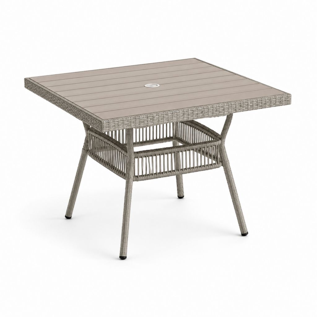 Quadratischer Gartentisch 90 × 90 × 75 cm aus Polyrattan PE und WPC Turtle mit Loch für Sonnenschirm