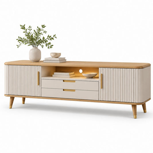 TV-Lowboard aus Holz und Metall beige, Eiche und Gold mit 2 Türen, 2 Schubladen und offenem Raum, 180 × 40 × 70 cm