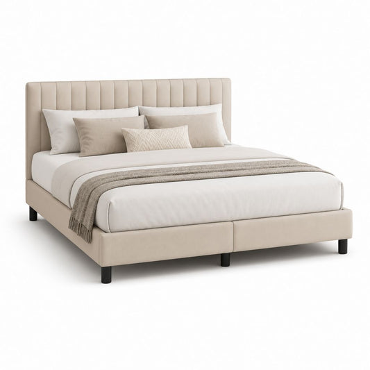 Gepolstertes Doppelbett 160 × 200 cm aus beige Polyester mit nacktem Kopfteil und Lattennetz