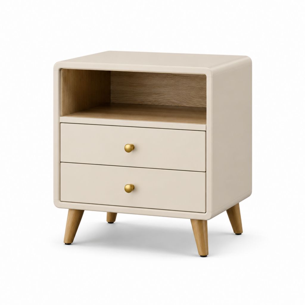 Rechteckiger Nachttisch aus MDF lackiert mit 2 Schubladen und offenem Fach, beige und Eiche, 45 × 40 × 55 cm