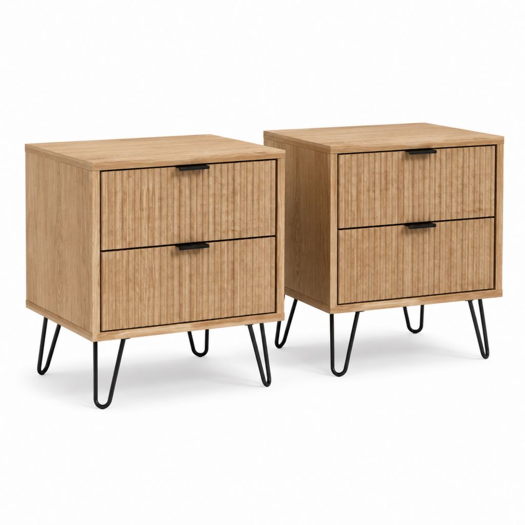 Set aus 2 rechteckigen Nachttischen aus Holz und Stahl mit 2 Schubladen, Natur- und Schwarze Eiche, 45 × 35 × 55 cm