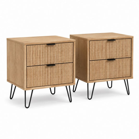 Set aus 2 rechteckigen Nachttischen aus Holz und Stahl mit 2 Schubladen, Natur- und Schwarze Eiche, 45 × 35 × 55 cm