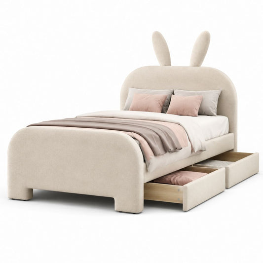 Einzelbett für Kinder 90 × 200 cm gepolstert beige Polyester mit Hasenkopf und 2 Schubladen