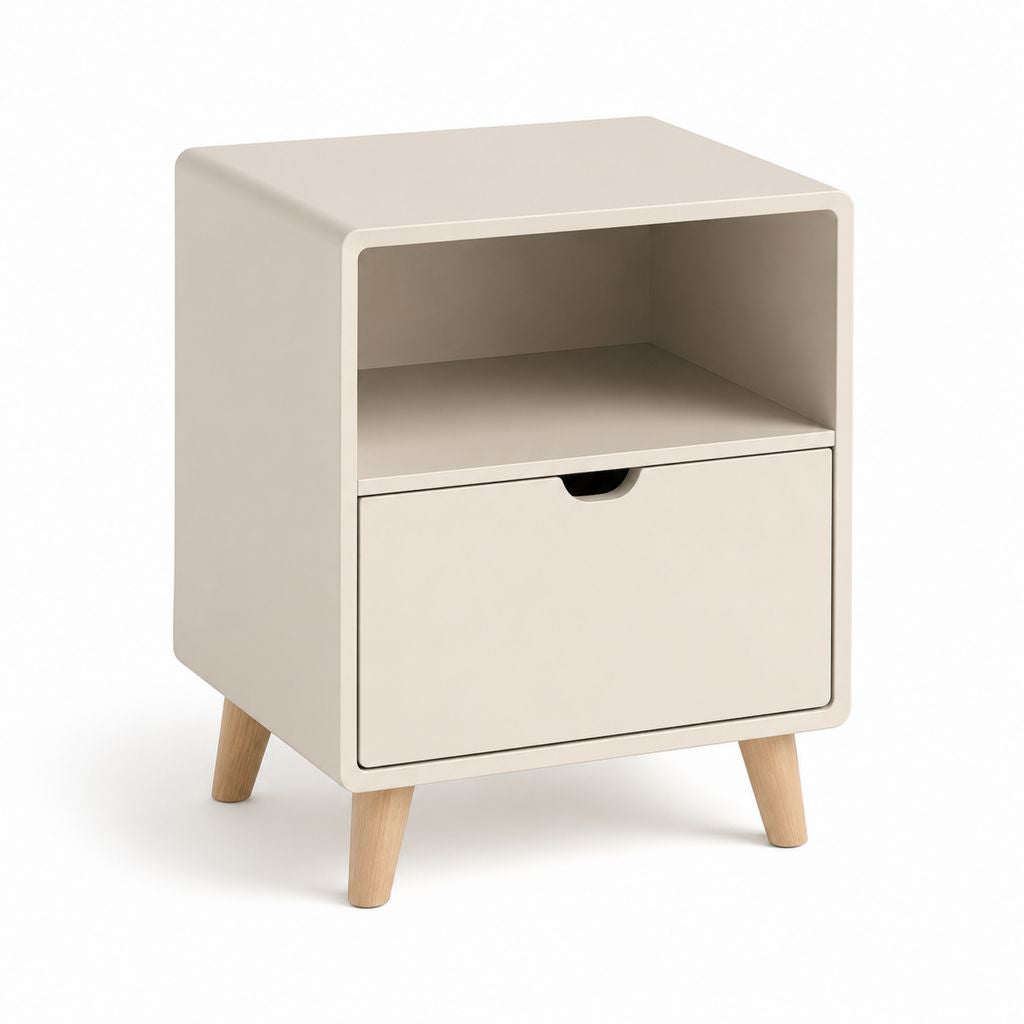 Rechteckiger Nachttisch aus Holz mit Schublade und offenem Fach, beige und hellbraun, 40 × 35 × 55 cm