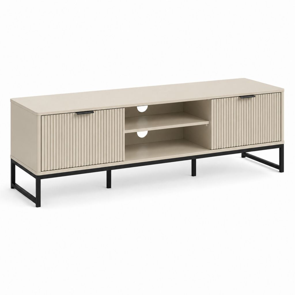 TV-Lowboard aus Holz und Metall mit 2 Rillen, beige Turteltaube und schwarz, 160 × 40 × 60 cm