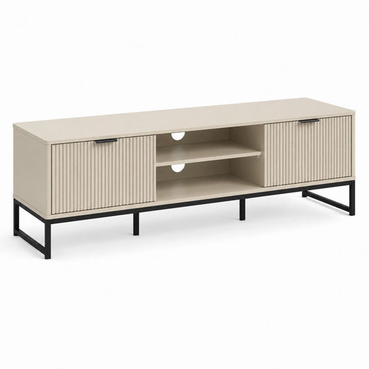 TV-Lowboard aus Holz und Metall mit 2 Rillen, beige Turteltaube und schwarz, 160 × 40 × 60 cm