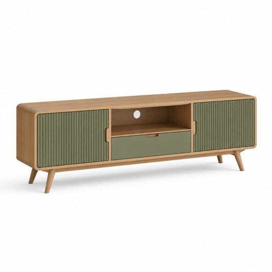 TV-Lowboard aus Holz mit 2 Rillen und Schublade, Eiche und olivgrün, 160 × 40 × 58 cm