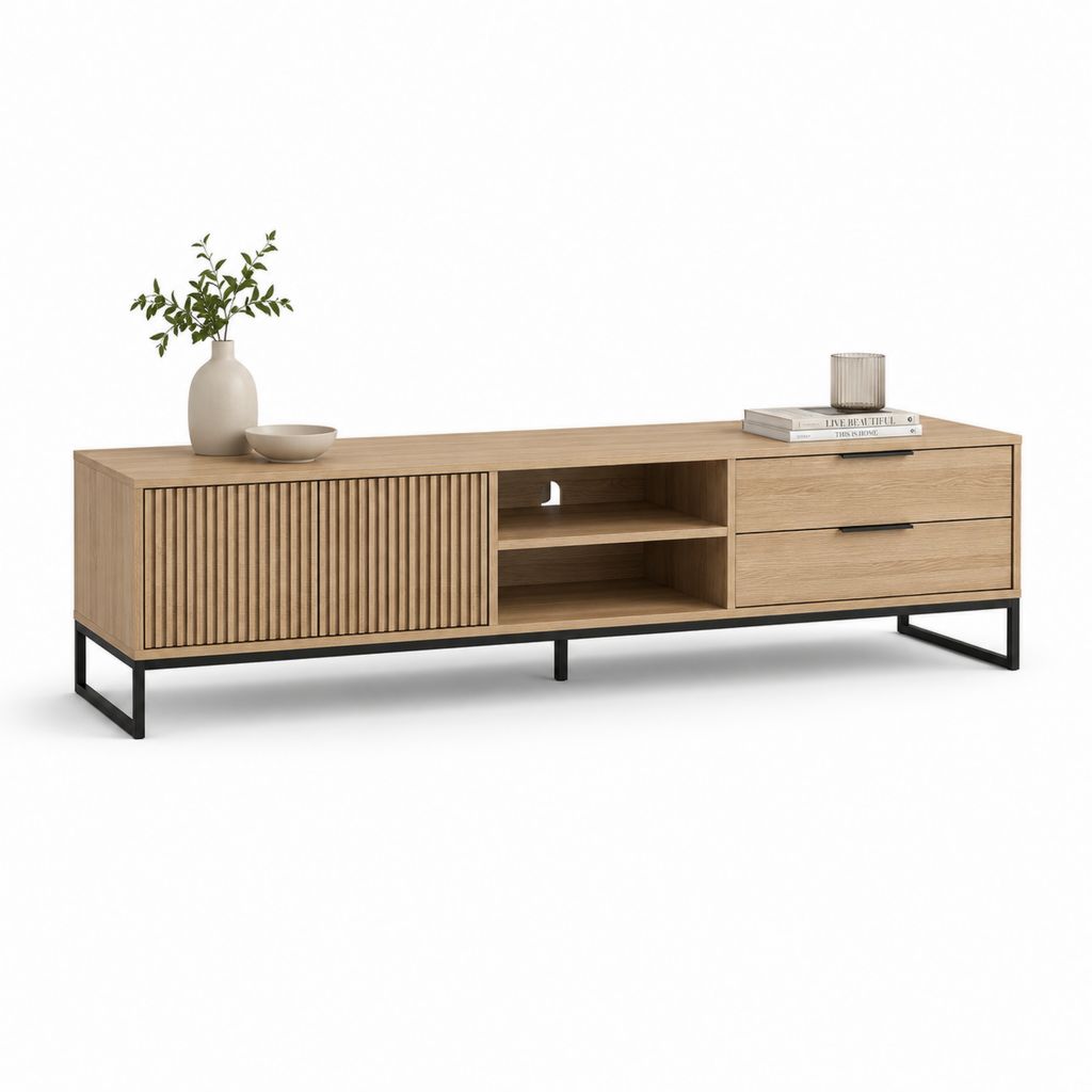 Mobile TV-Port niedrig aus MDF und Metall, Eiche und Eiche schwarz, 2 Türen, 2 Schubladen und 2 offene Räume, 180 × 40 × 55 cm