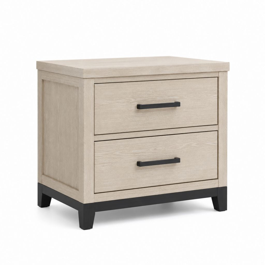 Rechteckiger Nachttisch aus Holz und Metall mit 2 Schubladen, beige und schwarz Eiche, 60 × 40 × 60 cm