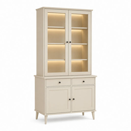 Beige MDF Schaufenster mit 4 Türen, 2 Schubladen, Glas und LED-Beleuchtung, 95 × 40 × 190 cm