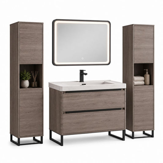 100 cm Badmöbel Set mit Unterwaschbecken Möbel, Keramik Waschbecken, 2 Säulen von 170 cm und Spiegel LED 80 × 60 cm, Eiche grau, schwarz und weiß