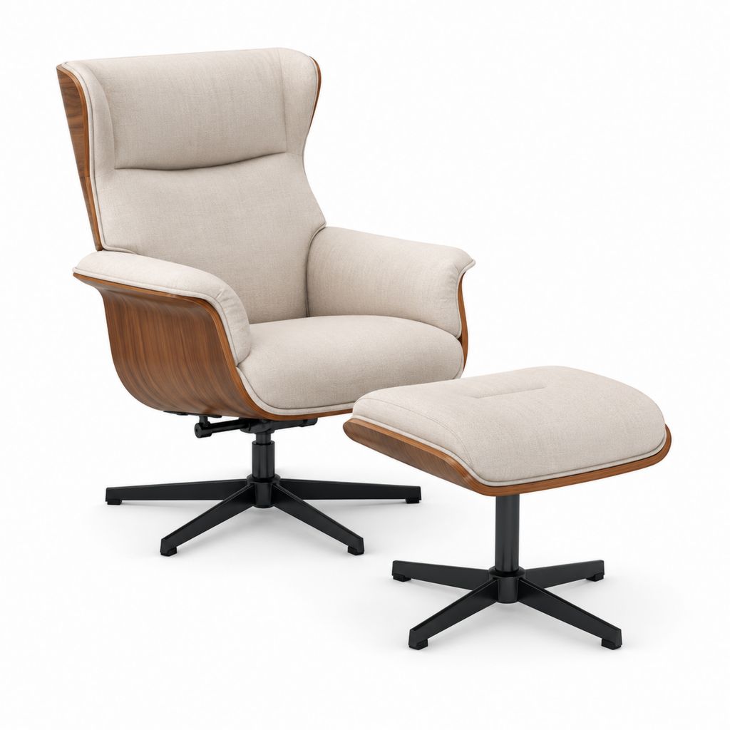 Drehbarer Sessel mit Fußstütze aus Stoff, Holz und Metall, Beige, Nussbaum und Schwarz, 78 × 82 × 101 cm