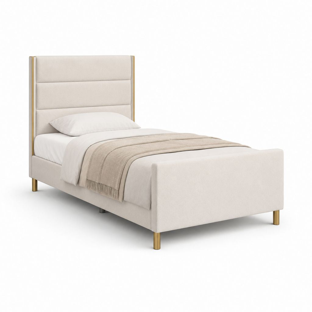 Einzelbett gepolstert beige 90 × 200 cm mit Kopfteil, Fußsohle und Beine aus vergoldetem Stahl, 218 × 101 × 140 cm