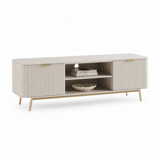 TV-Lowboard aus MDF und Stahl mit 2 Schiebetüren, Turteltaube und Gold, 160 × 40 × 60 cm