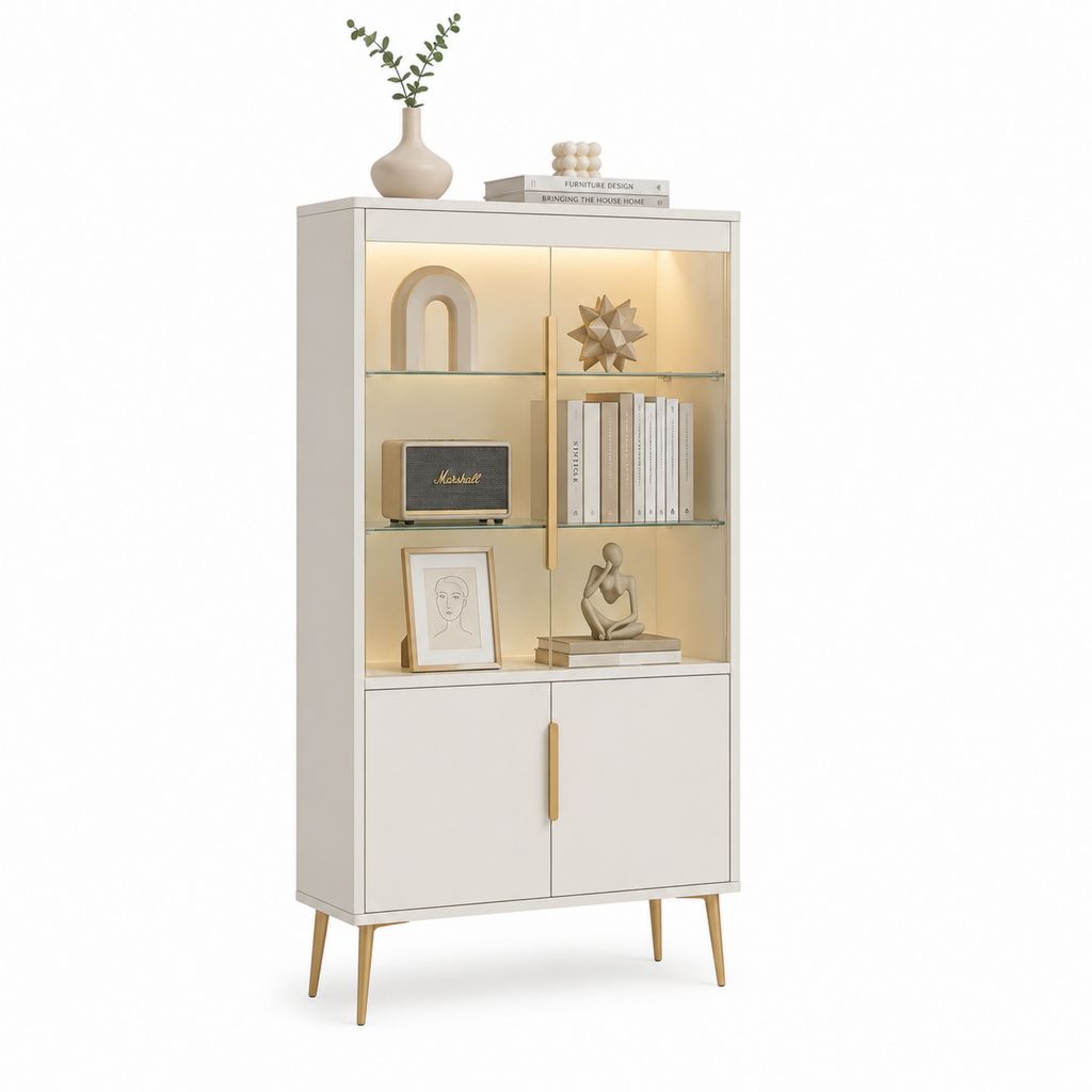 Rechteckiges Ausstellungsglas mit LED aus Holz, Glas und Metall, weißer Creme und Gold, 80 × 35 × 180 cm
