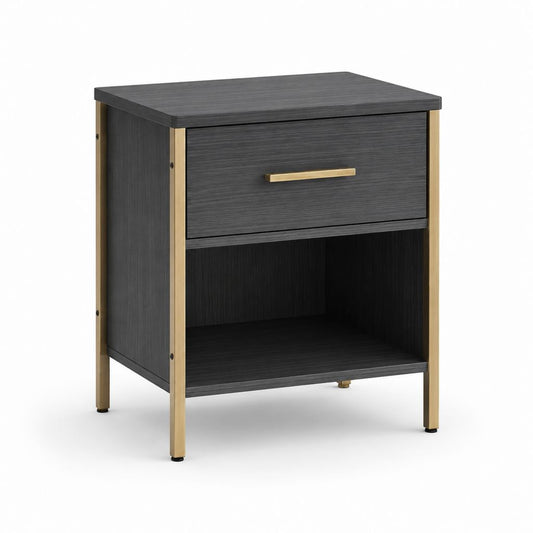 Rechteckiger Nachttisch mit Schublade und offenem Fach aus Spanplatten und Stahl, schwarz und Gold, 45 × 40 × 60 cm