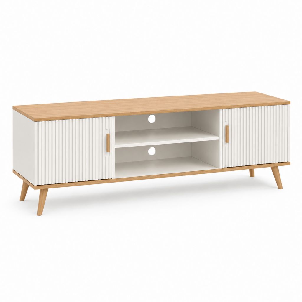 Mobile TV-Port aus Holz mit 2 nutten Türen und 2 offenen Räumen, weiß und helle Eiche, 150 × 40 × 60 cm