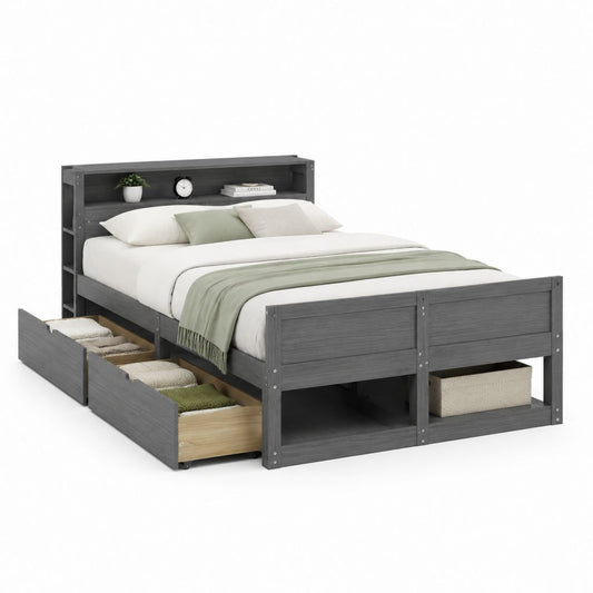 Doppelbett 160 × 200 cm in dunkelgrauem melaminisches Spanplatten, Abmessungen 219 × 166 × 110 cm, mit Bibliothek Kopfteil, 2 Schubladen und Handschuhfächern