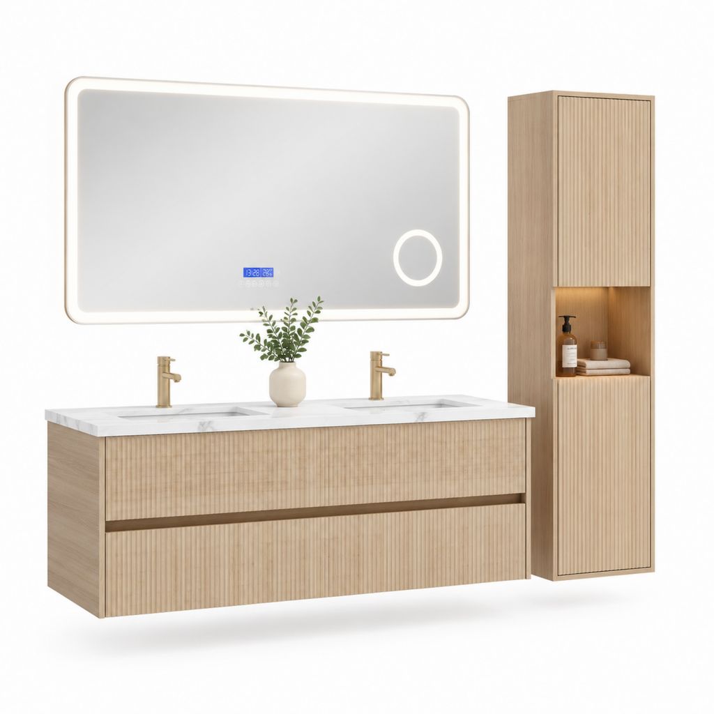 Set Badezimmer Möbel hängen 3 Stücke aus MDF Eiche Effekt mit Doppelwaschbecken aus Keramik, Spiegel LED 120 × 70 cm und Spalte 35 × 30 × 160 cm, Mobil 120 × 46 × 55 cm, Eiche natürlich, weiß und grau