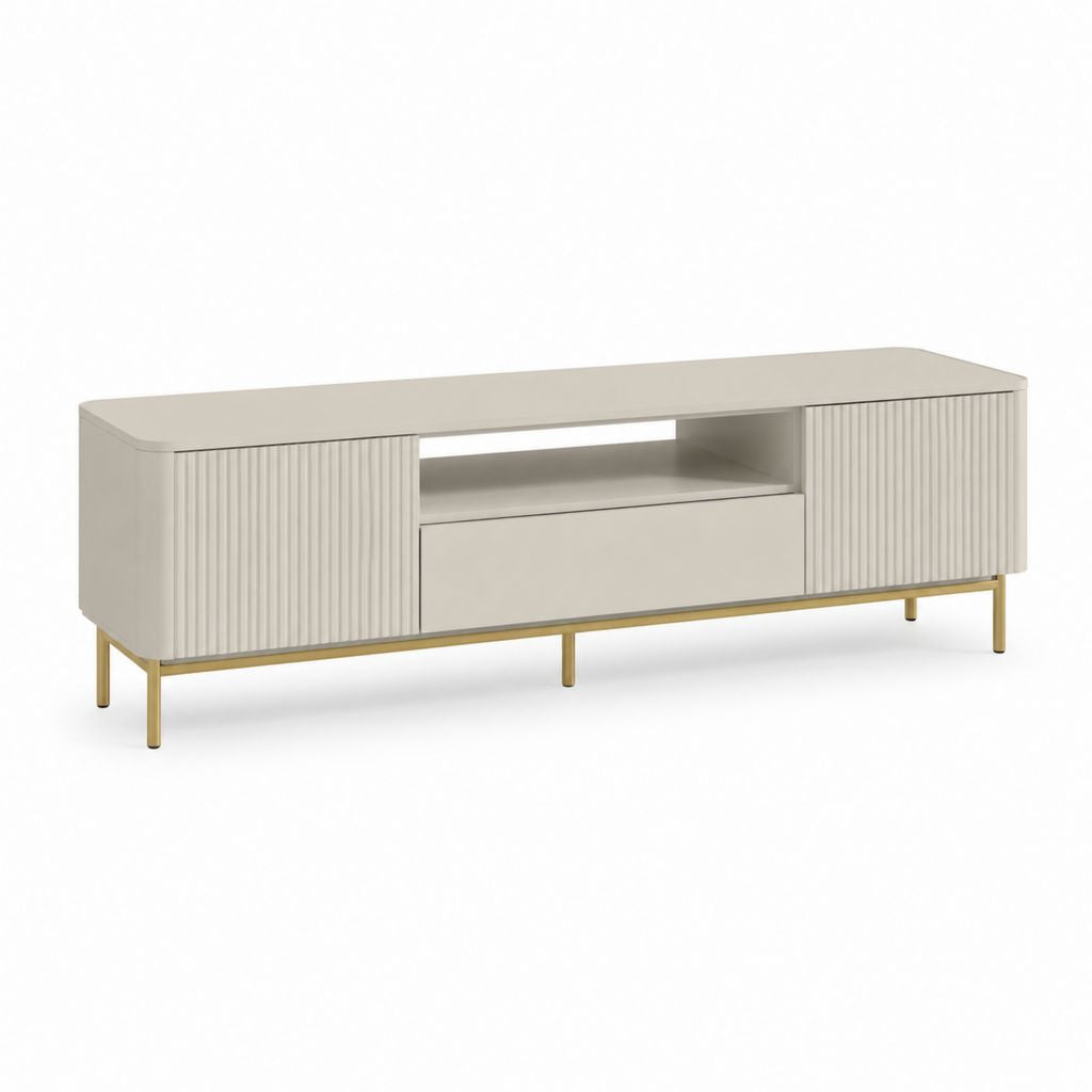 TV-Lowboard aus MDF und Metall, 2 Torten, 1 Schublade und offenes Fach, Turteltaube und Gold, 160 × 40 × 60 cm