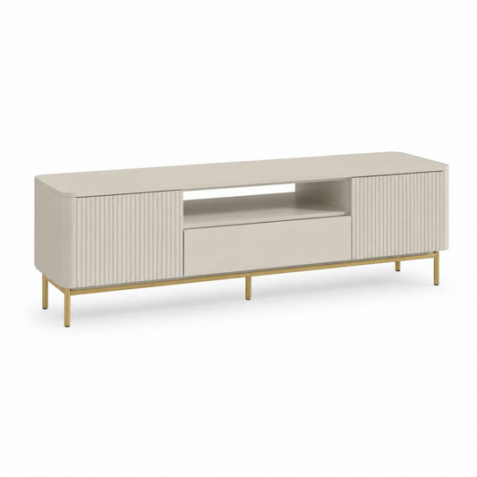 TV-Lowboard aus MDF und Metall, 2 Torten, 1 Schublade und offenes Fach, Turteltaube und Gold, 160 × 40 × 60 cm