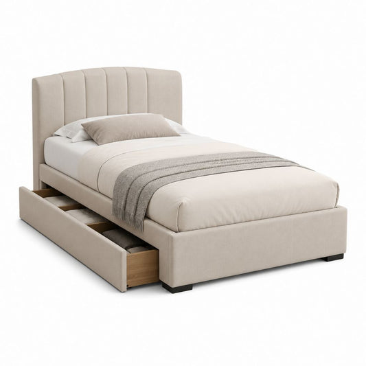 Gepolstertes Doppelbett aus Beige-Gewebe mit Plattenkopf, Lattennetz und Seitenschublade, 140 × 200 cm