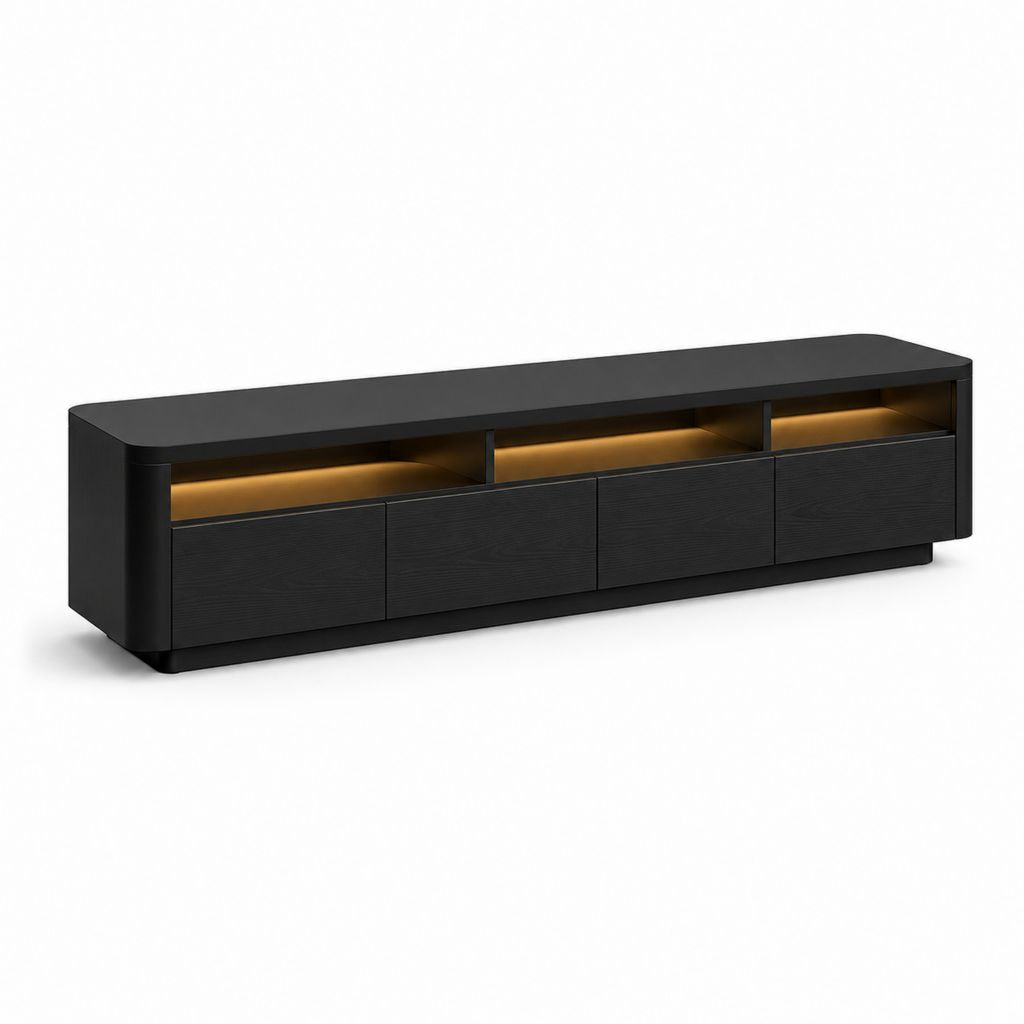 Niedrige TV-Tür aus schwarzem MDF mit LED-Beleuchtung, 4 Schubladen und 3 offenen Räumen, 200 × 40 × 55 cm