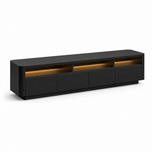 Niedrige TV-Tür aus schwarzem MDF mit LED-Beleuchtung, 4 Schubladen und 3 offenen Räumen, 200 × 40 × 55 cm