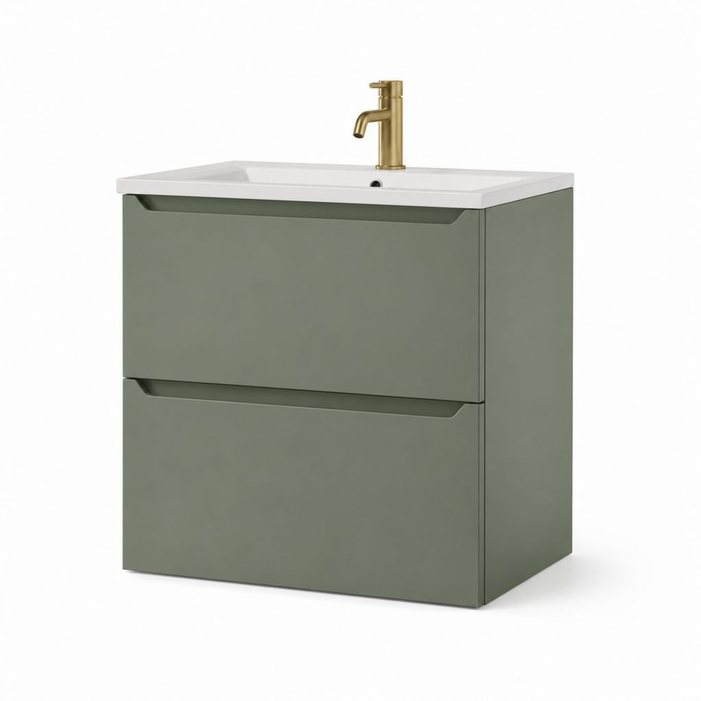 Mobile Badezimmer-Set mit Keramik-Waschbecken und Mischer aus Metall, 2 Schubladen, Salbeigrün, weiß und Gold, 61 × 46 × 60 cm