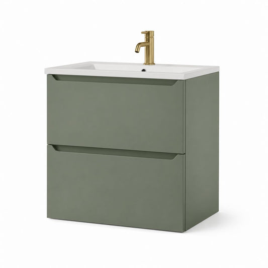 Mobile Badezimmer-Set mit Keramik-Waschbecken und Mischer aus Metall, 2 Schubladen, Salbeigrün, weiß und Gold, 61 × 46 × 60 cm