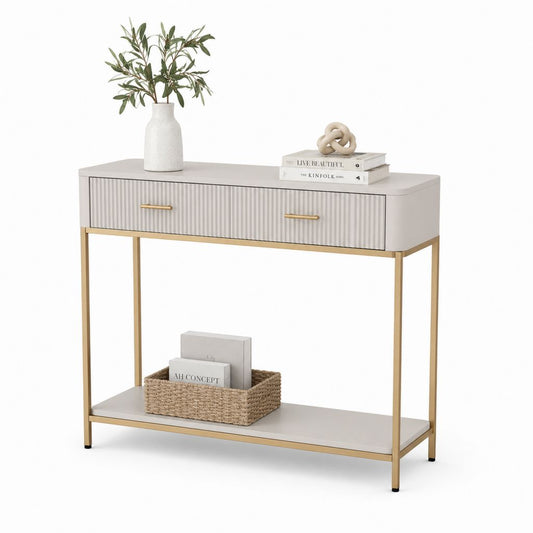 Rechteckige Konsolen aus MDF und Stahl mit 2 Schubladen und Regal, hellgrau und Gold, 100 × 30 × 80 cm
